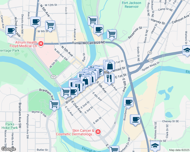 map of restaurants, bars, coffee shops, grocery stores, and more near 1 East 5th Avenue in Rome