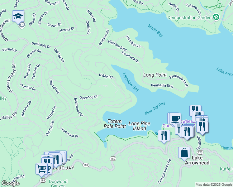 map of restaurants, bars, coffee shops, grocery stores, and more near 27621 Cedarwood Drive in Lake Arrowhead