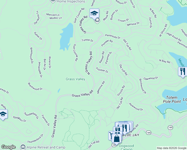 map of restaurants, bars, coffee shops, grocery stores, and more near 308 Grass Valley Road in Lake Arrowhead
