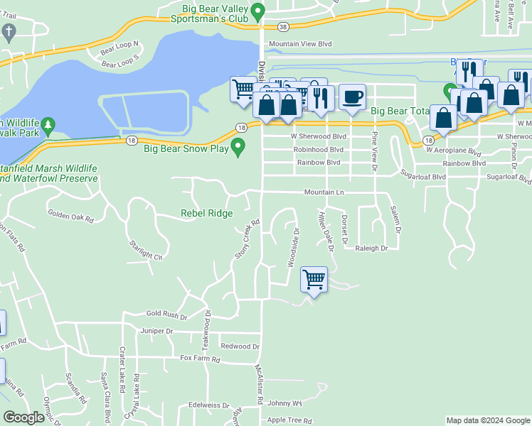 map of restaurants, bars, coffee shops, grocery stores, and more near 430 Division Drive in Big Bear