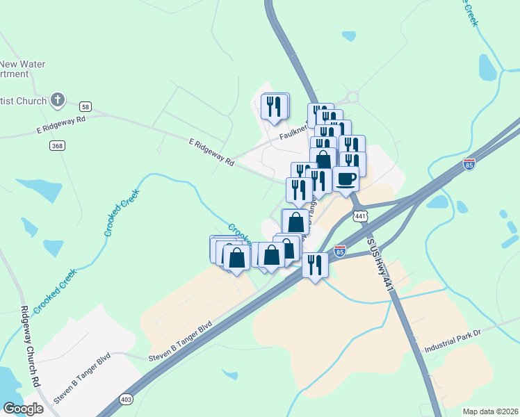 map of restaurants, bars, coffee shops, grocery stores, and more near 259 East Ridgeway Road in Commerce