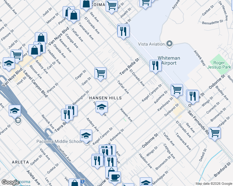 map of restaurants, bars, coffee shops, grocery stores, and more near 13154 Garber Street in Los Angeles