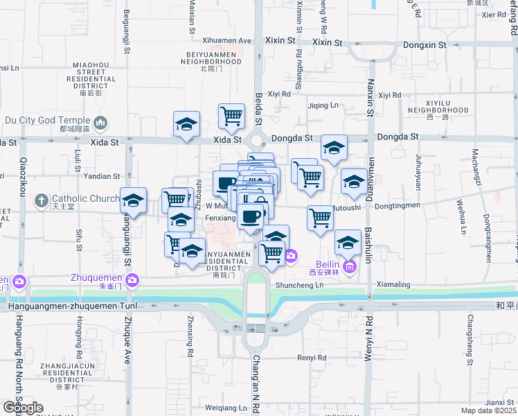 map of restaurants, bars, coffee shops, grocery stores, and more near Nan Da Jie in Xian Shi