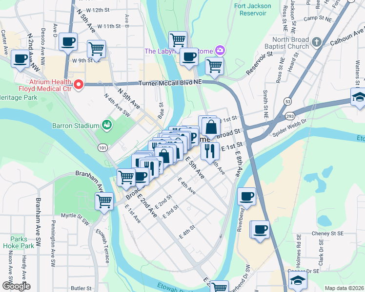 map of restaurants, bars, coffee shops, grocery stores, and more near 501 Broad Street in Rome