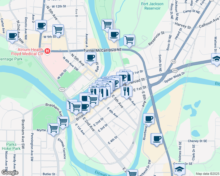 map of restaurants, bars, coffee shops, grocery stores, and more near 501 Broad Street in Rome