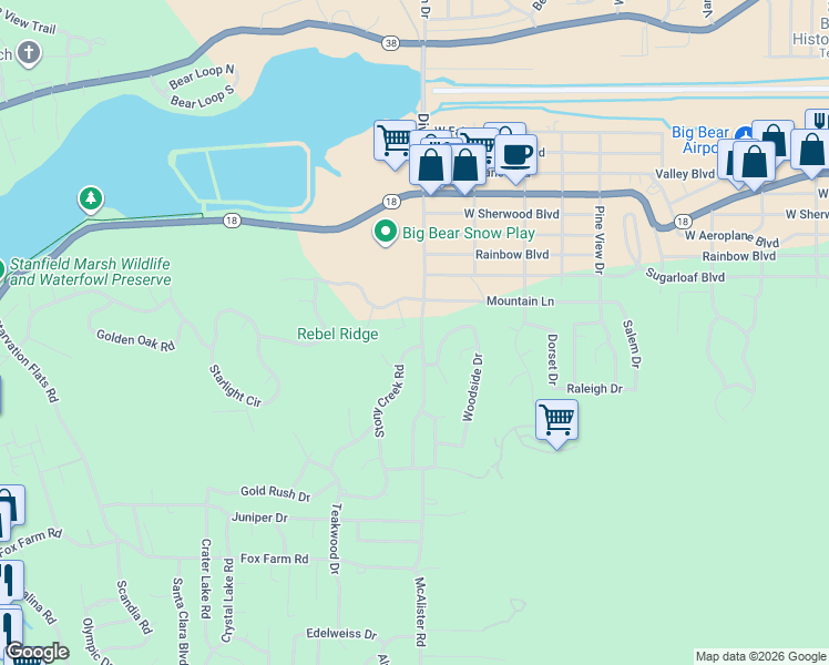 map of restaurants, bars, coffee shops, grocery stores, and more near 379 Fawn Trail Place in Big Bear Lake