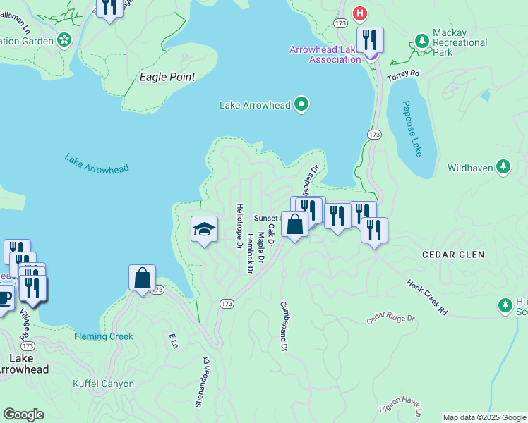 map of restaurants, bars, coffee shops, grocery stores, and more near 345 Maple Drive in Lake Arrowhead