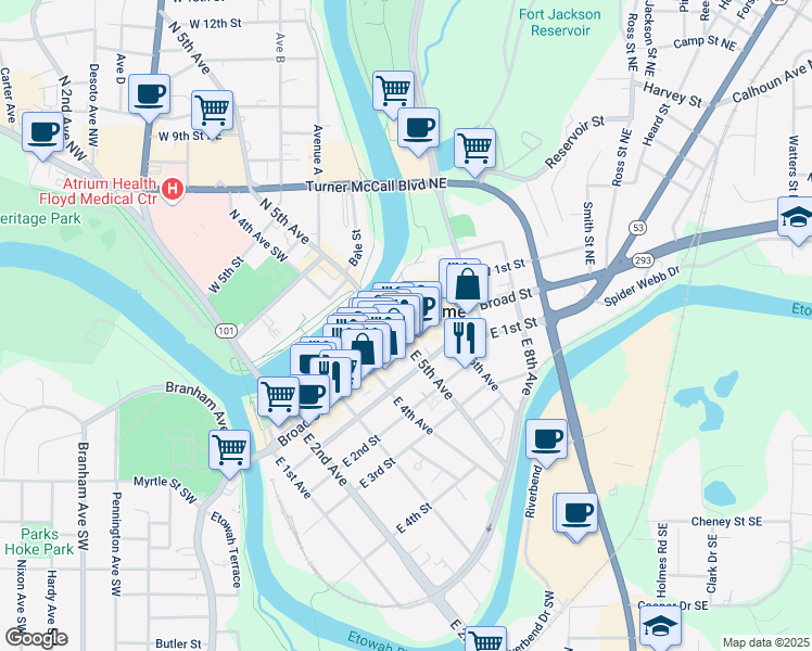 map of restaurants, bars, coffee shops, grocery stores, and more near 501 Broad Street in Rome