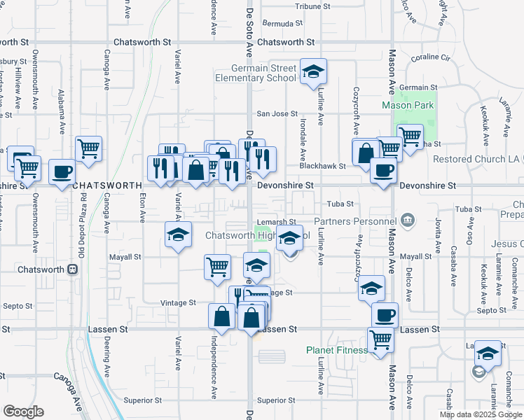 map of restaurants, bars, coffee shops, grocery stores, and more near 10220 De Soto Avenue in Los Angeles