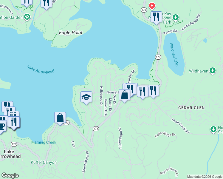 map of restaurants, bars, coffee shops, grocery stores, and more near 345 Maple Drive in Lake Arrowhead