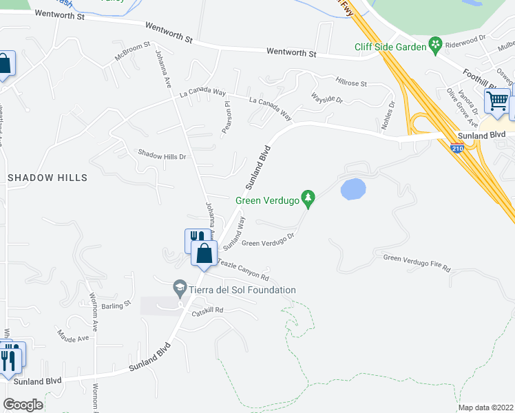 map of restaurants, bars, coffee shops, grocery stores, and more near 10058 Sunland Boulevard in Los Angeles