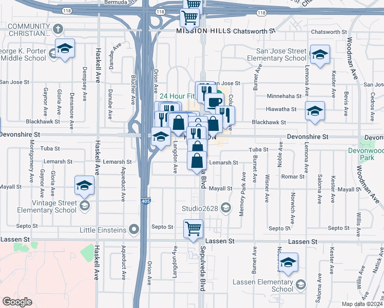 map of restaurants, bars, coffee shops, grocery stores, and more near 15420 Tuba Street in Los Angeles