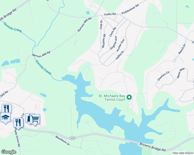 map of restaurants, bars, coffee shops, grocery stores, and more near 6625 Baywood Run in Cumming