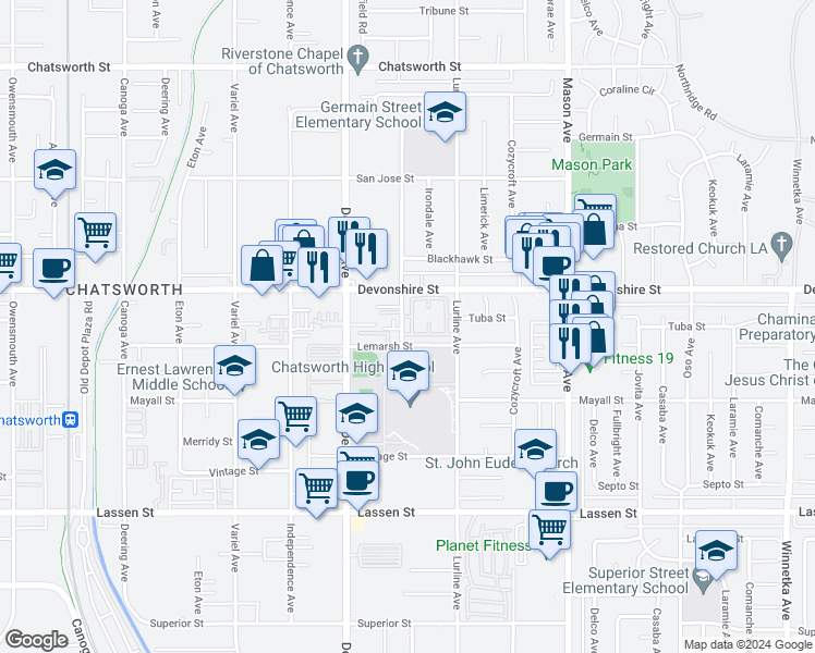 map of restaurants, bars, coffee shops, grocery stores, and more near 10206 Oklahoma Avenue in Los Angeles