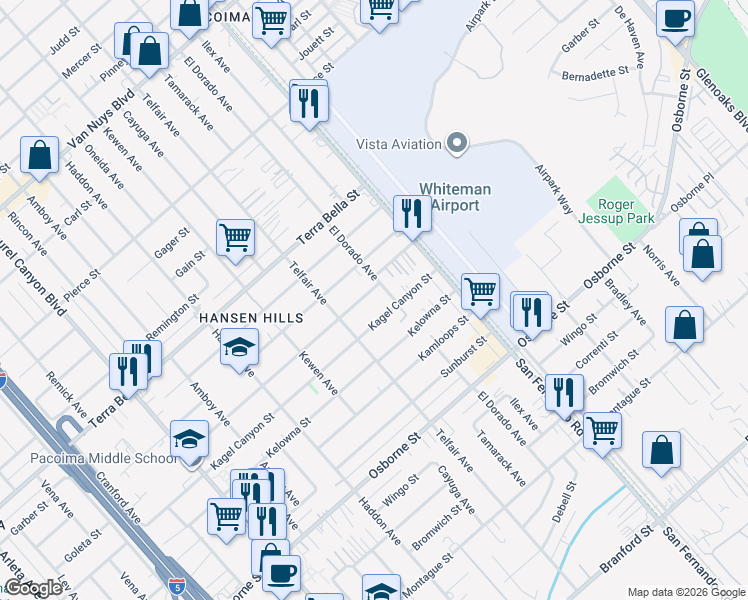 map of restaurants, bars, coffee shops, grocery stores, and more near 13020 Goleta Street in Los Angeles