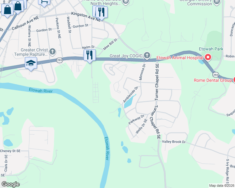map of restaurants, bars, coffee shops, grocery stores, and more near 2 Haynes Creek Road in Rome