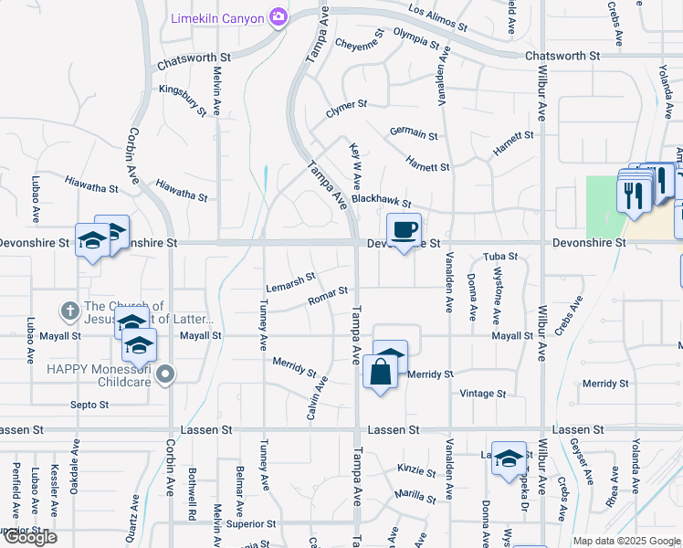 map of restaurants, bars, coffee shops, grocery stores, and more near 19308 Lemarsh Street in Los Angeles