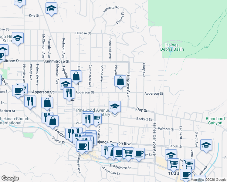 map of restaurants, bars, coffee shops, grocery stores, and more near 10248 Pinewood Avenue in Los Angeles