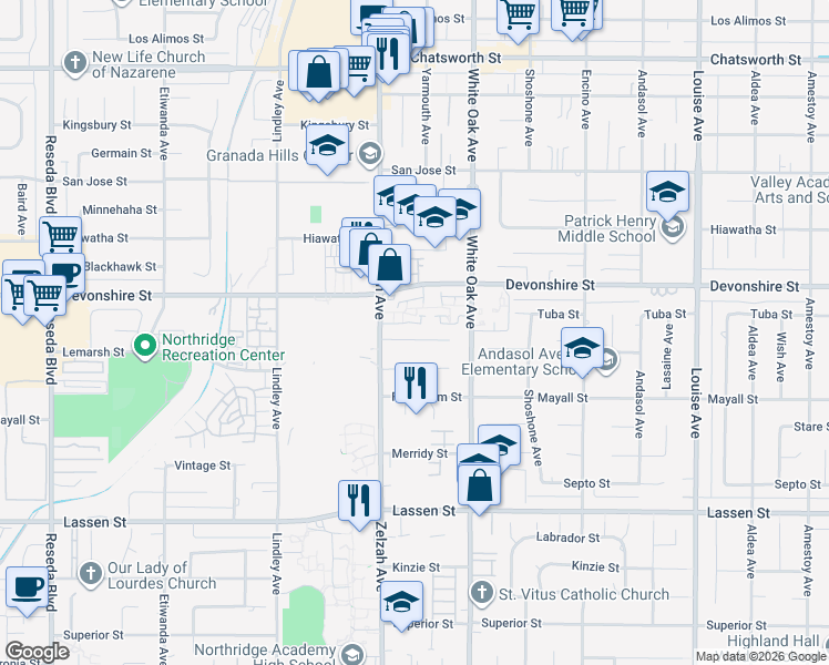 map of restaurants, bars, coffee shops, grocery stores, and more near 17813 Lemarsh Street in Los Angeles