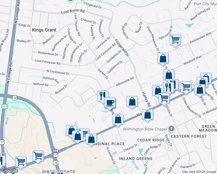 map of restaurants, bars, coffee shops, grocery stores, and more near 203 Albemarle Road in Wilmington