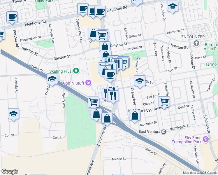 map of restaurants, bars, coffee shops, grocery stores, and more near 1901 South Victoria Avenue in Oxnard