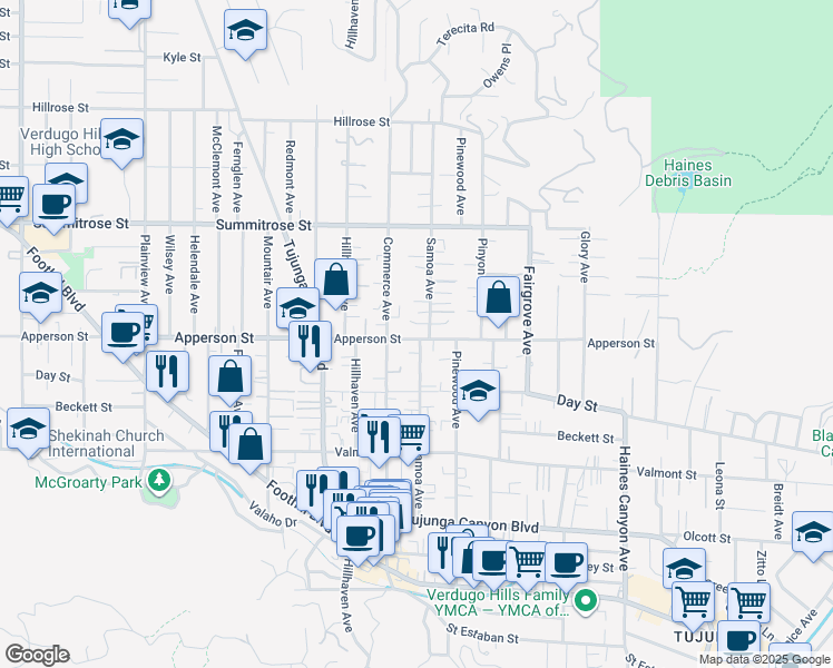 map of restaurants, bars, coffee shops, grocery stores, and more near 7128 Apperson Street in Los Angeles