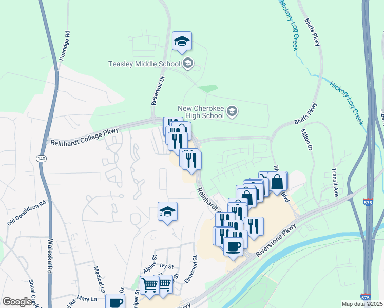 map of restaurants, bars, coffee shops, grocery stores, and more near 145 Reinhardt College Parkway in Canton