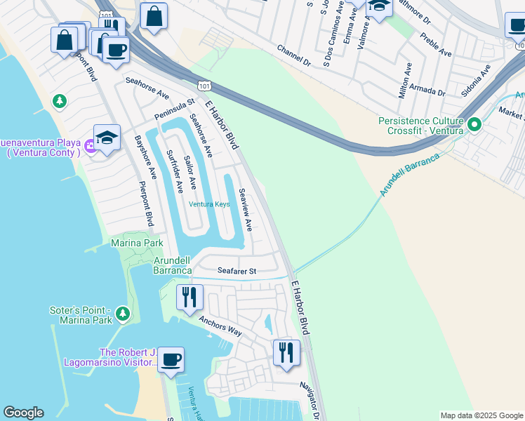 map of restaurants, bars, coffee shops, grocery stores, and more near 3033 Harbor Boulevard in Ventura