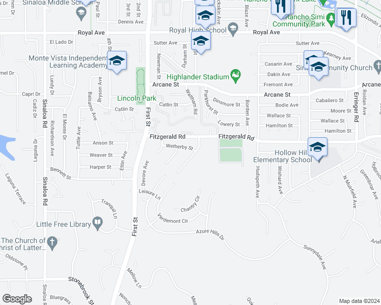 map of restaurants, bars, coffee shops, grocery stores, and more near 893 Hemlock Ridge Court in Simi Valley