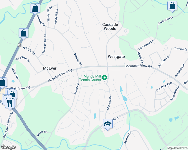 map of restaurants, bars, coffee shops, grocery stores, and more near 4512 Wilshire Court in Gainesville