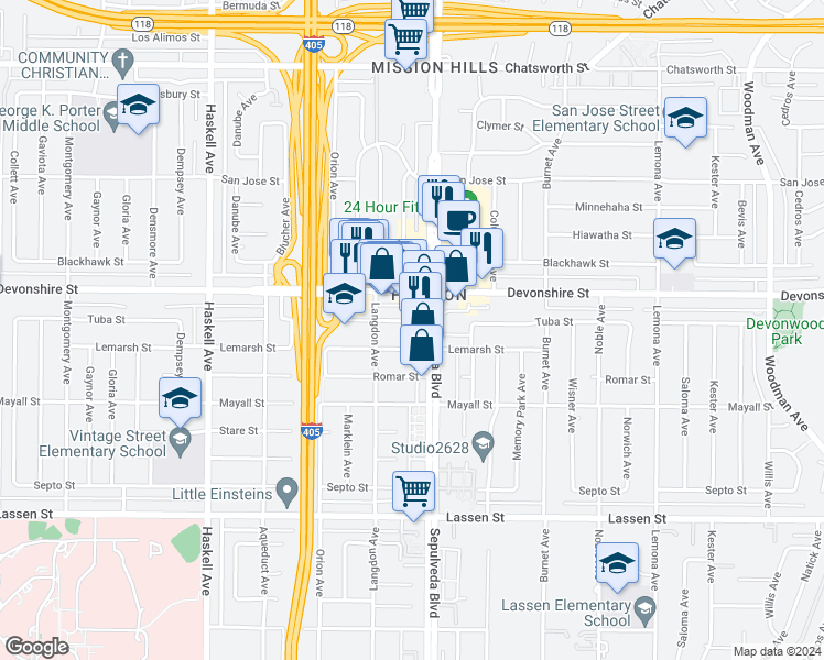 map of restaurants, bars, coffee shops, grocery stores, and more near 15420 Tuba Street in Los Angeles