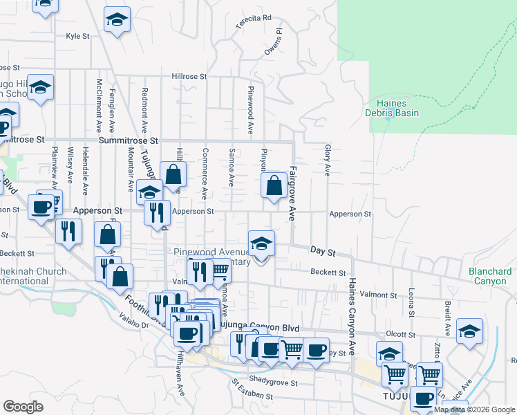 map of restaurants, bars, coffee shops, grocery stores, and more near 10248 Pinewood Avenue in Los Angeles
