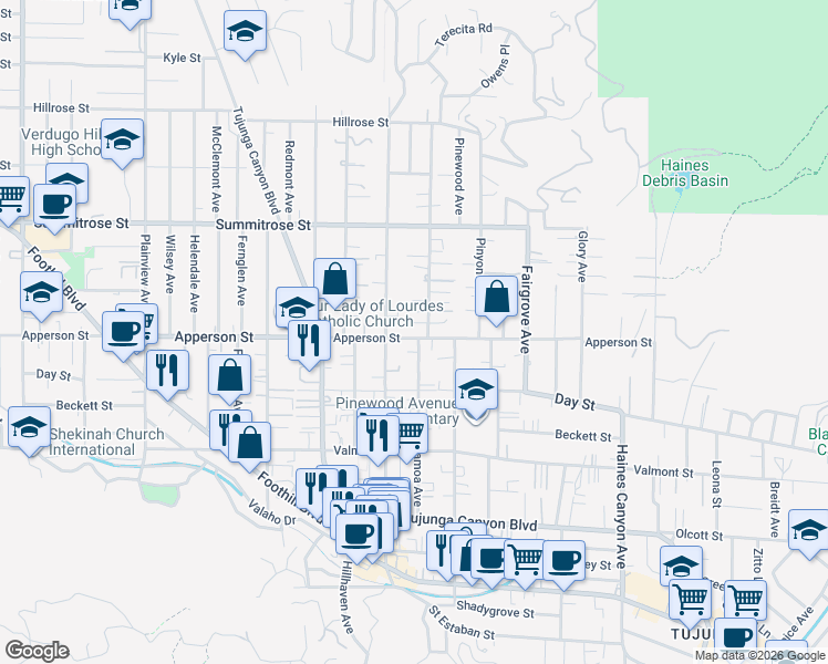 map of restaurants, bars, coffee shops, grocery stores, and more near 7128 Apperson Street in Los Angeles