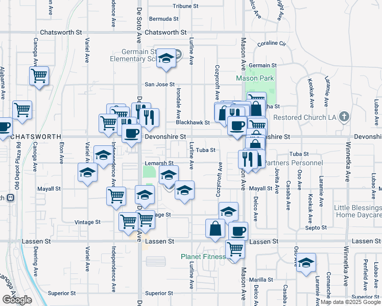 map of restaurants, bars, coffee shops, grocery stores, and more near 20661 Lemarsh Street in Los Angeles