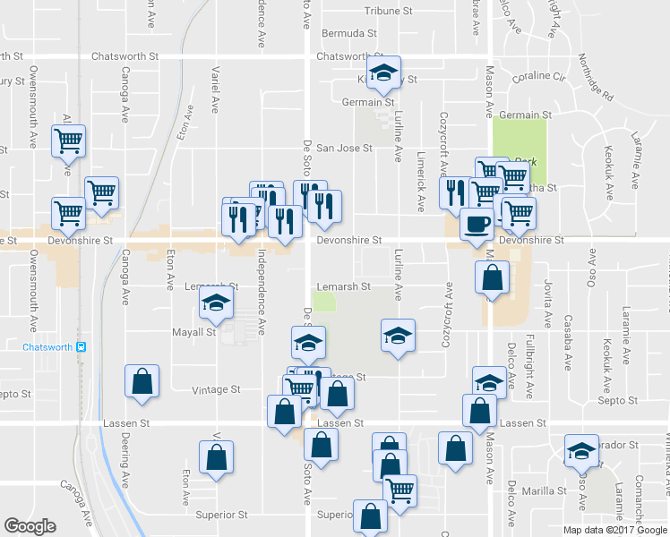 map of restaurants, bars, coffee shops, grocery stores, and more near 20801 Lemarsh Street in Los Angeles