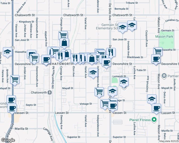 map of restaurants, bars, coffee shops, grocery stores, and more near 21101 Lemarsh Street in Los Angeles