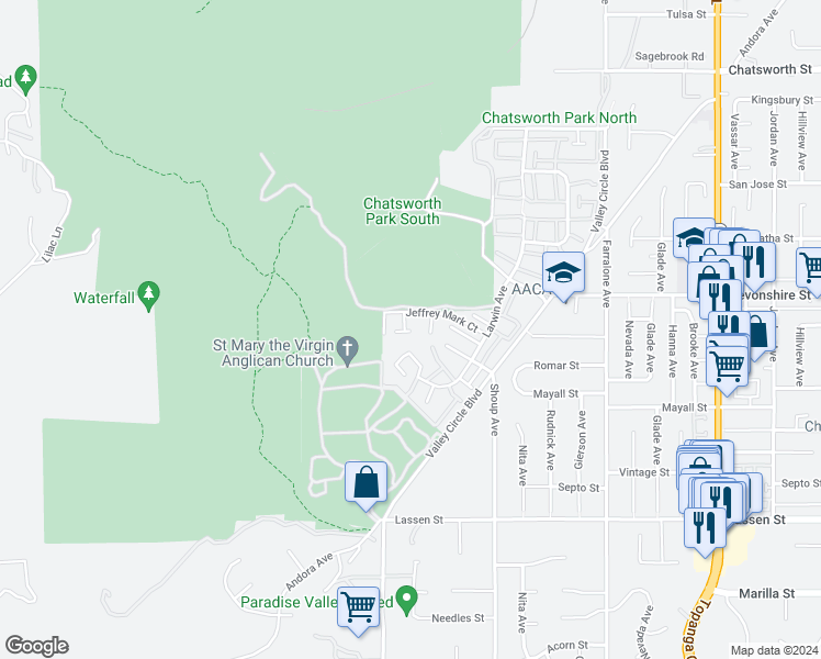 map of restaurants, bars, coffee shops, grocery stores, and more near 10031 Larwin Avenue in Los Angeles