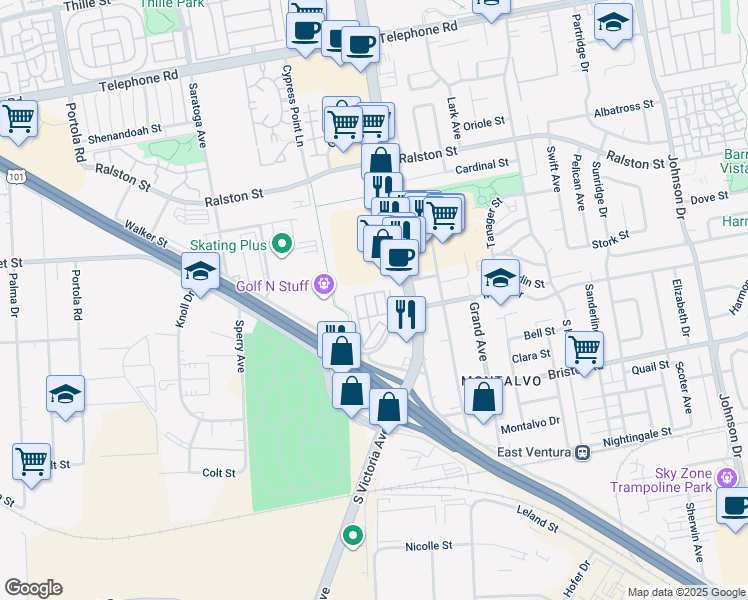 map of restaurants, bars, coffee shops, grocery stores, and more near 2005 Idaho Drive in Ventura