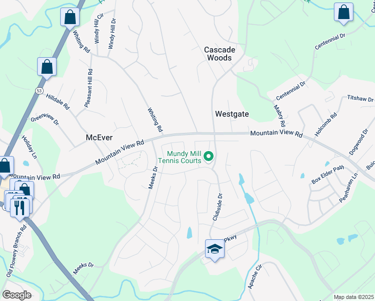 map of restaurants, bars, coffee shops, grocery stores, and more near 4512 Wilshire Court in Gainesville