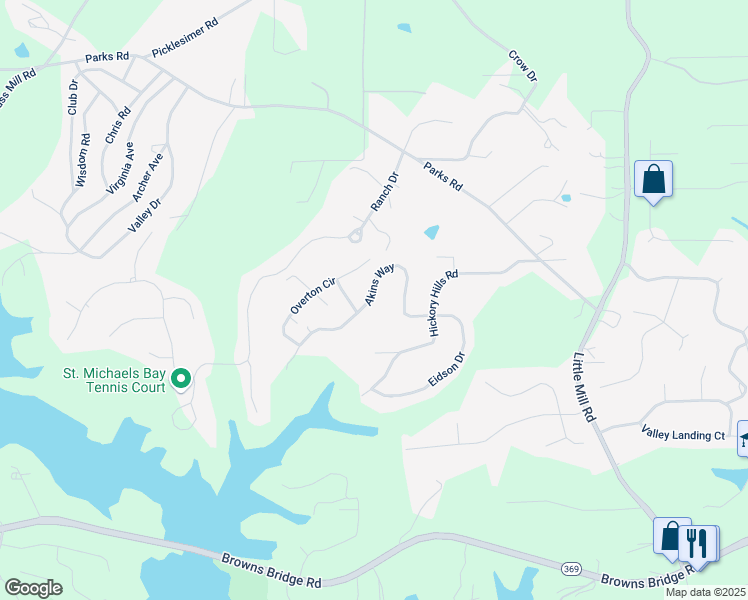 map of restaurants, bars, coffee shops, grocery stores, and more near 6355 Akins Way in Cumming