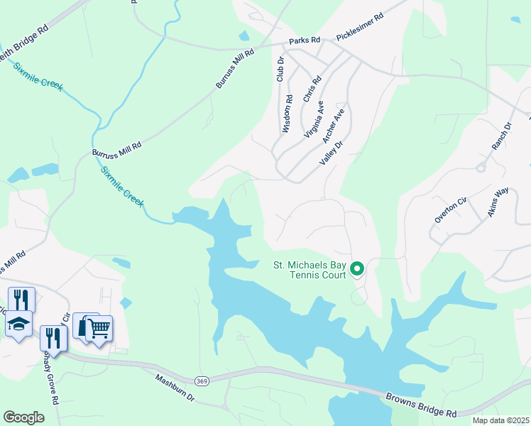 map of restaurants, bars, coffee shops, grocery stores, and more near 6625 Baywood Run in Cumming