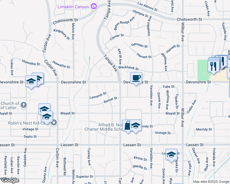 map of restaurants, bars, coffee shops, grocery stores, and more near 19308 Lemarsh Street in Los Angeles