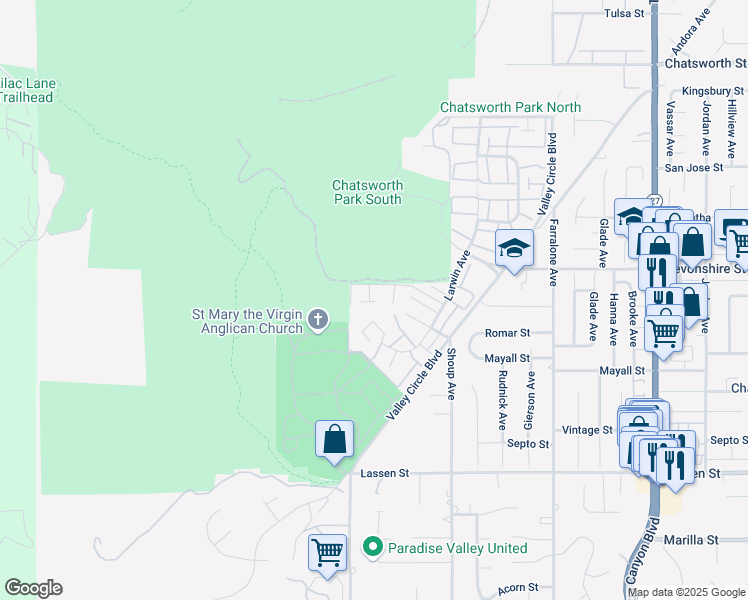 map of restaurants, bars, coffee shops, grocery stores, and more near 10031 Larwin Avenue in Los Angeles
