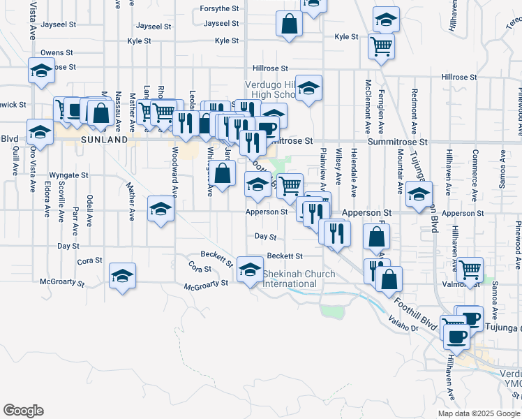 map of restaurants, bars, coffee shops, grocery stores, and more near 7741 Apperson Street in Los Angeles