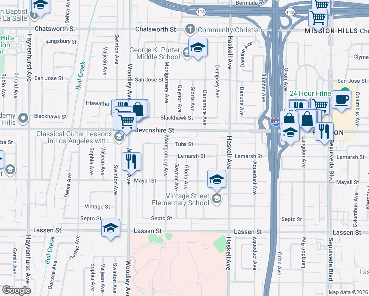 map of restaurants, bars, coffee shops, grocery stores, and more near 15952 Tuba Street in Los Angeles