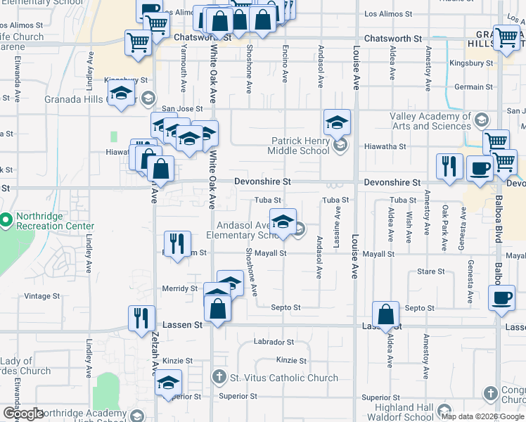 map of restaurants, bars, coffee shops, grocery stores, and more near 17531 Lemarsh Street in Los Angeles