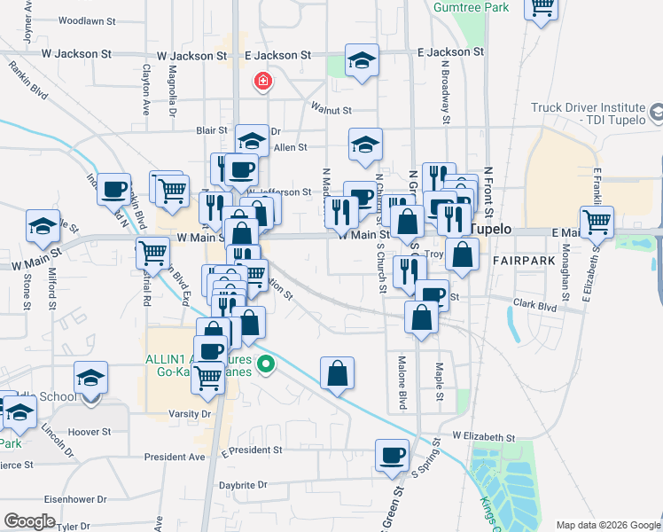 map of restaurants, bars, coffee shops, grocery stores, and more near 599 Magazine St in Tupelo