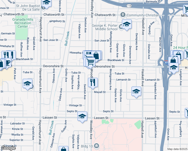 map of restaurants, bars, coffee shops, grocery stores, and more near 10156 Woodley Avenue in Los Angeles