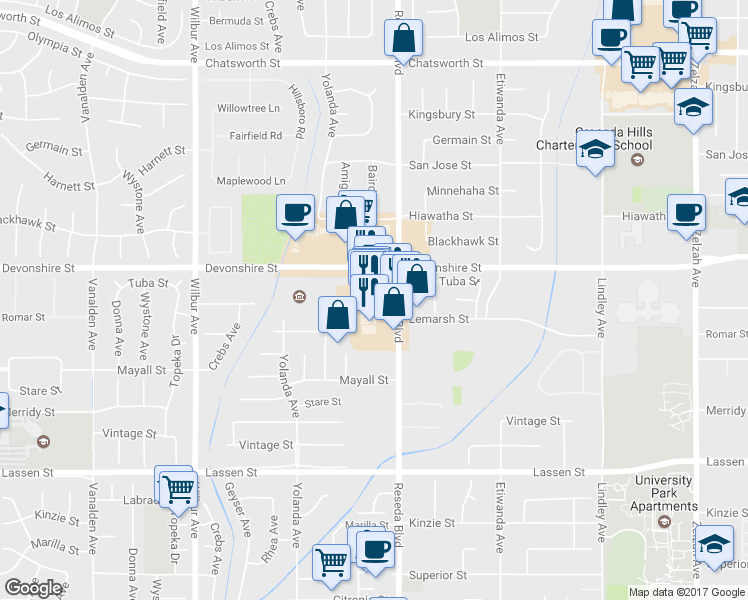 map of restaurants, bars, coffee shops, grocery stores, and more near 10181 Reseda Boulevard in Los Angeles