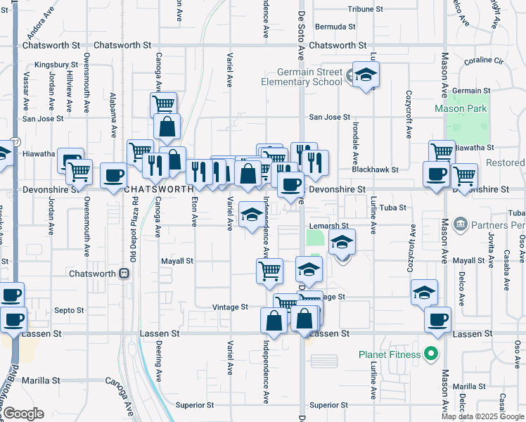 map of restaurants, bars, coffee shops, grocery stores, and more near 10231 Independence Avenue in Los Angeles